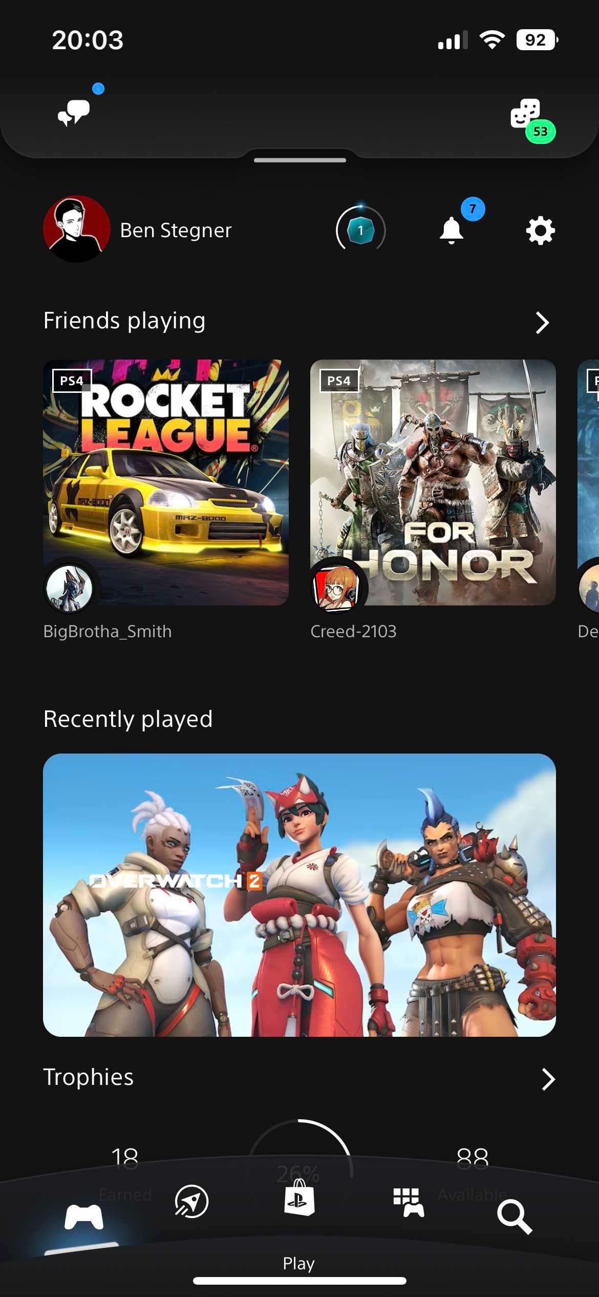 Главный экран приложения PlayStation на телефоне