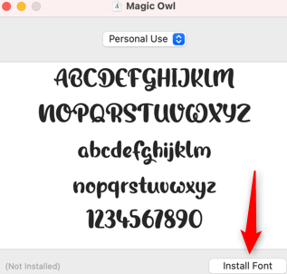 Кнопка «Установить шрифт» в macOS