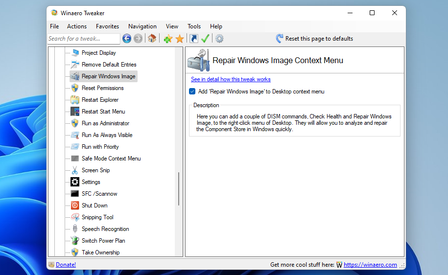 Опция «Add Repair Windows Image to Desktop context menu» в Winaero Tweaker