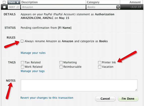 Окно редактирования деталей транзакции и создание правила переименования