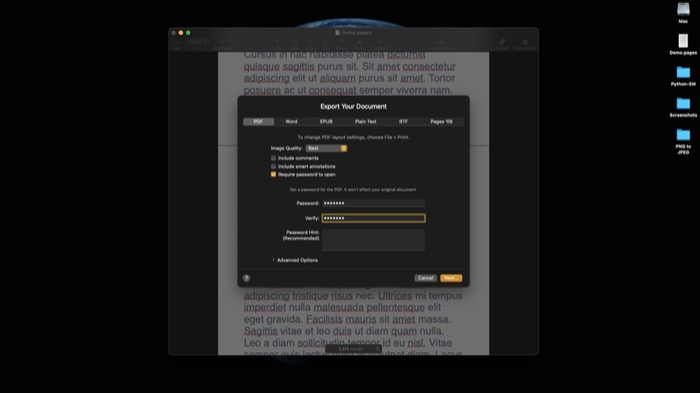 Ввод пароля и подсказки в Pages при экспорте в PDF