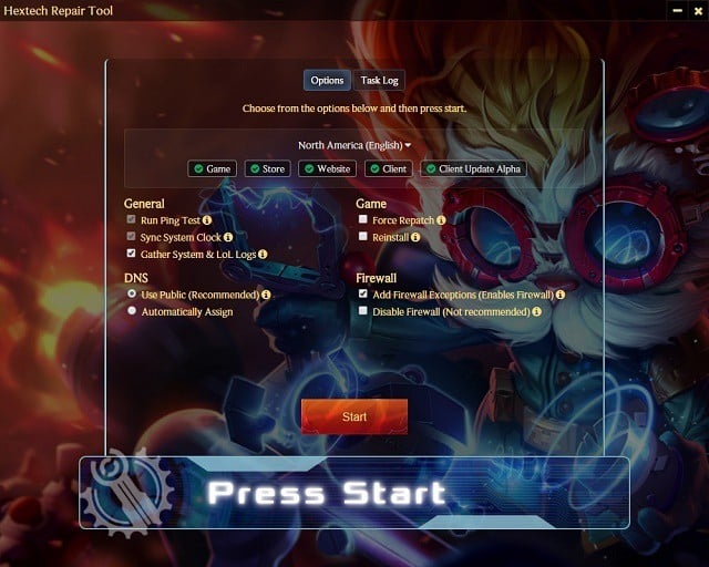 Интерфейс Hextech Repair Tool для восстановления клиента