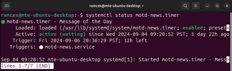 Терминал с примером Systemd таймера и статусом юнита.