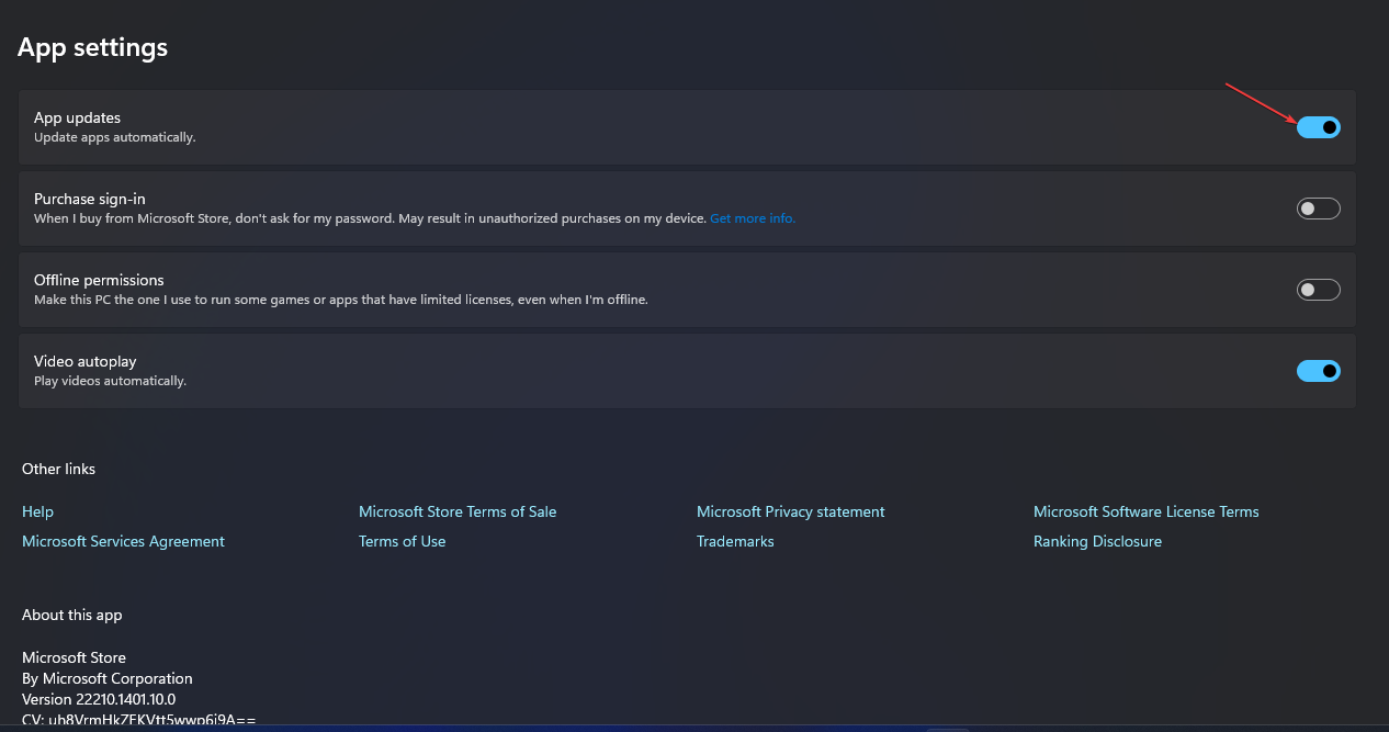 Переключатель обновления приложений в Microsoft Store