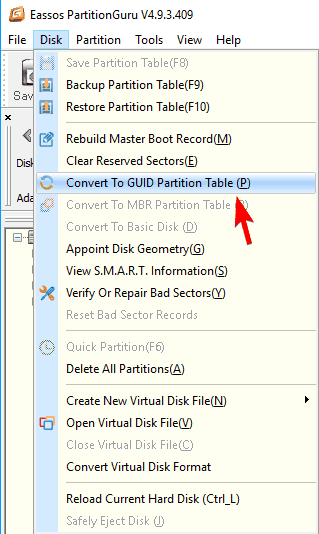 PartitionGuru — меню Disk, команда Convert To GUID Partition Table