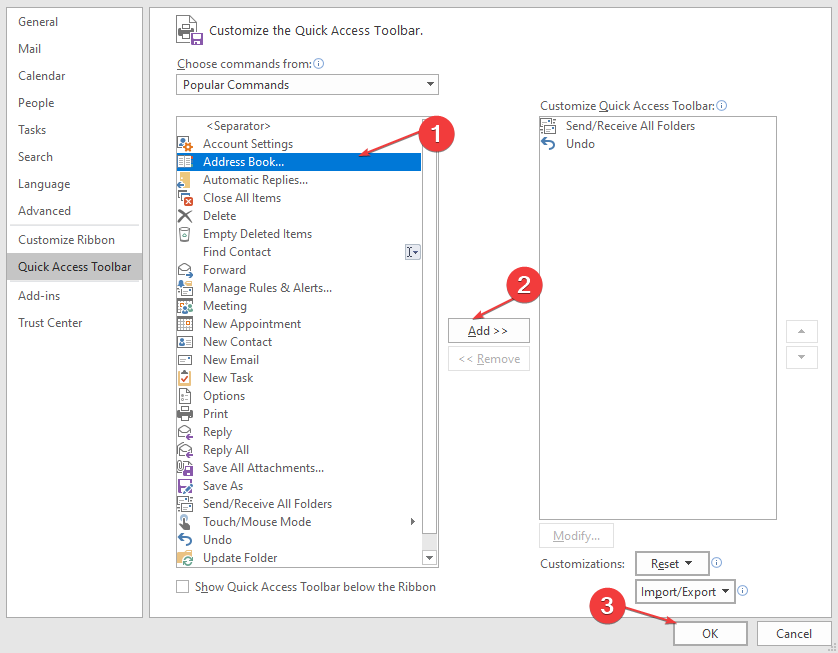 Добавление команды в панель быстого доступа