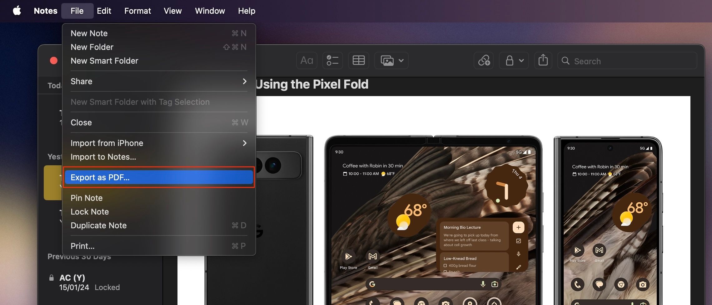 Опция Экспортировать как PDF в меню Apple Notes.