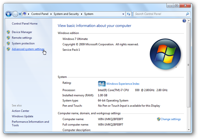 Ссылка на дополнительные параметры системы Windows