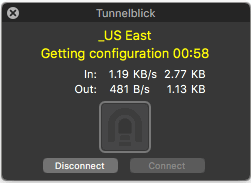 Окно статуса подключения Tunnelblick в правом верхнем углу экрана