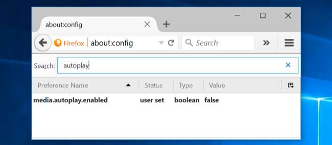 Окно about:config в Firefox с параметром autoplay