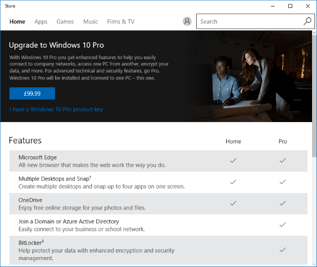 Скрин: предложение купить обновление до Pro в Microsoft Store