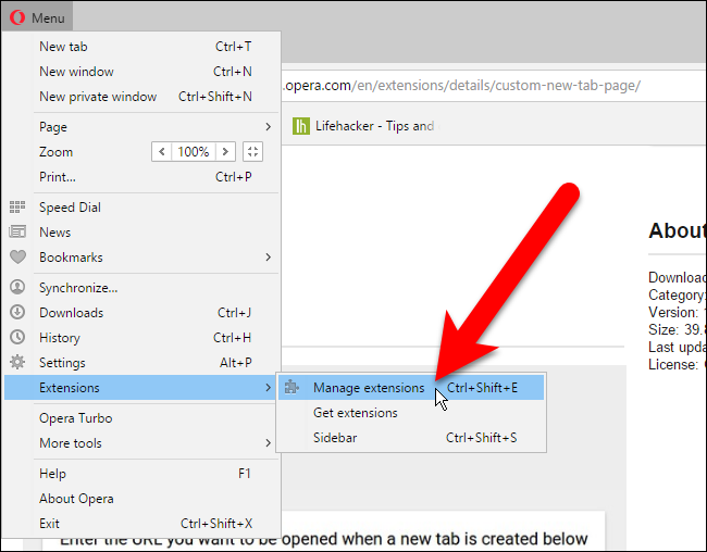 Управление расширениями в Opera