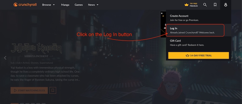 Вход в Crunchyroll через веб‑браузер