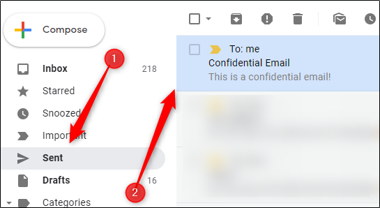 Список отправленных писем с выделенным письмом для отзыва доступа