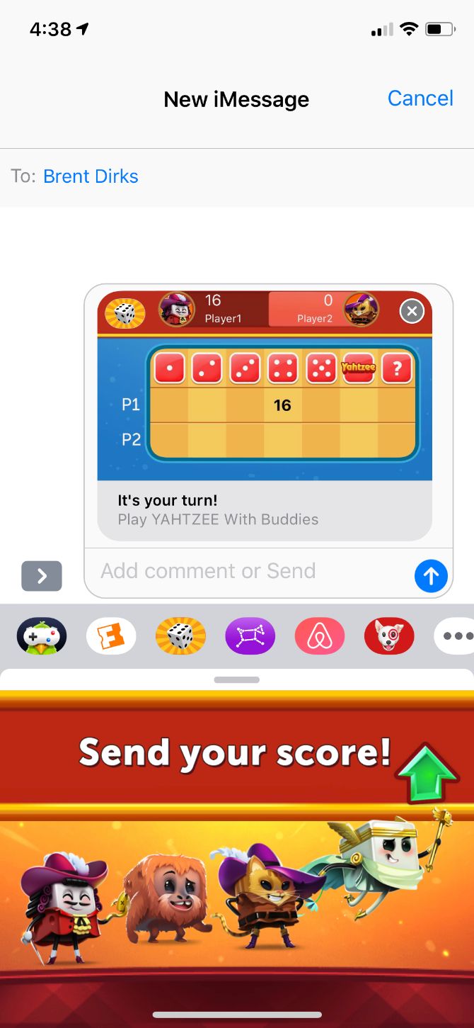 Отправка результатов в Yahtzee через iMessage: карточка с итоговым счётом