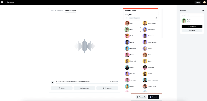 Выбор эффекта в CapCut Online