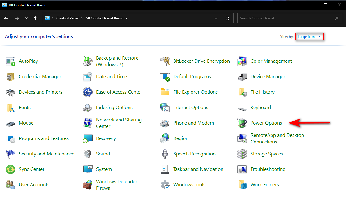 Выбор Электропитание в Панели управления