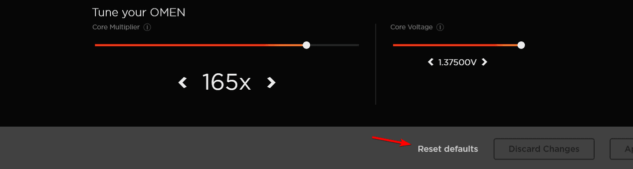 Кнопка сброса настроек разгона в OMEN Gaming Hub