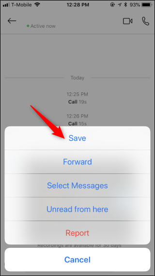Меню пересылки и сохранения записи в мобильном Skype