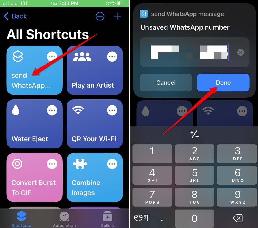 Открытый чат WhatsApp после запуска Shortcut