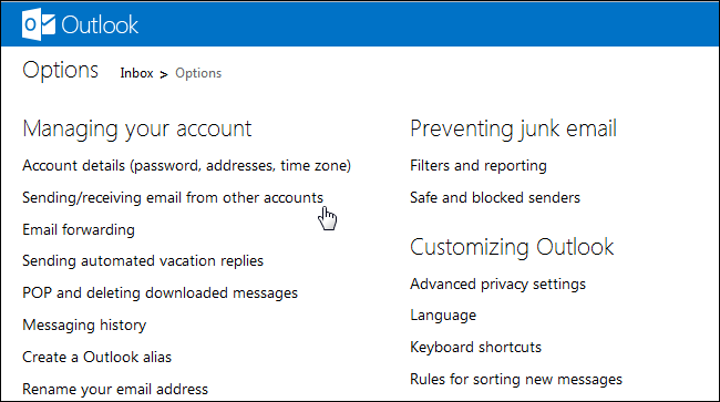 Скриншот добавления аккаунта в Outlook.com