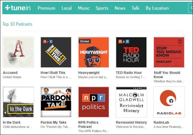 Страница TuneIn Podcast Radio и список рекомендаций