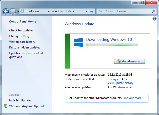 Окно загрузки обновления до Windows 10 в Windows 7: остановить загрузку