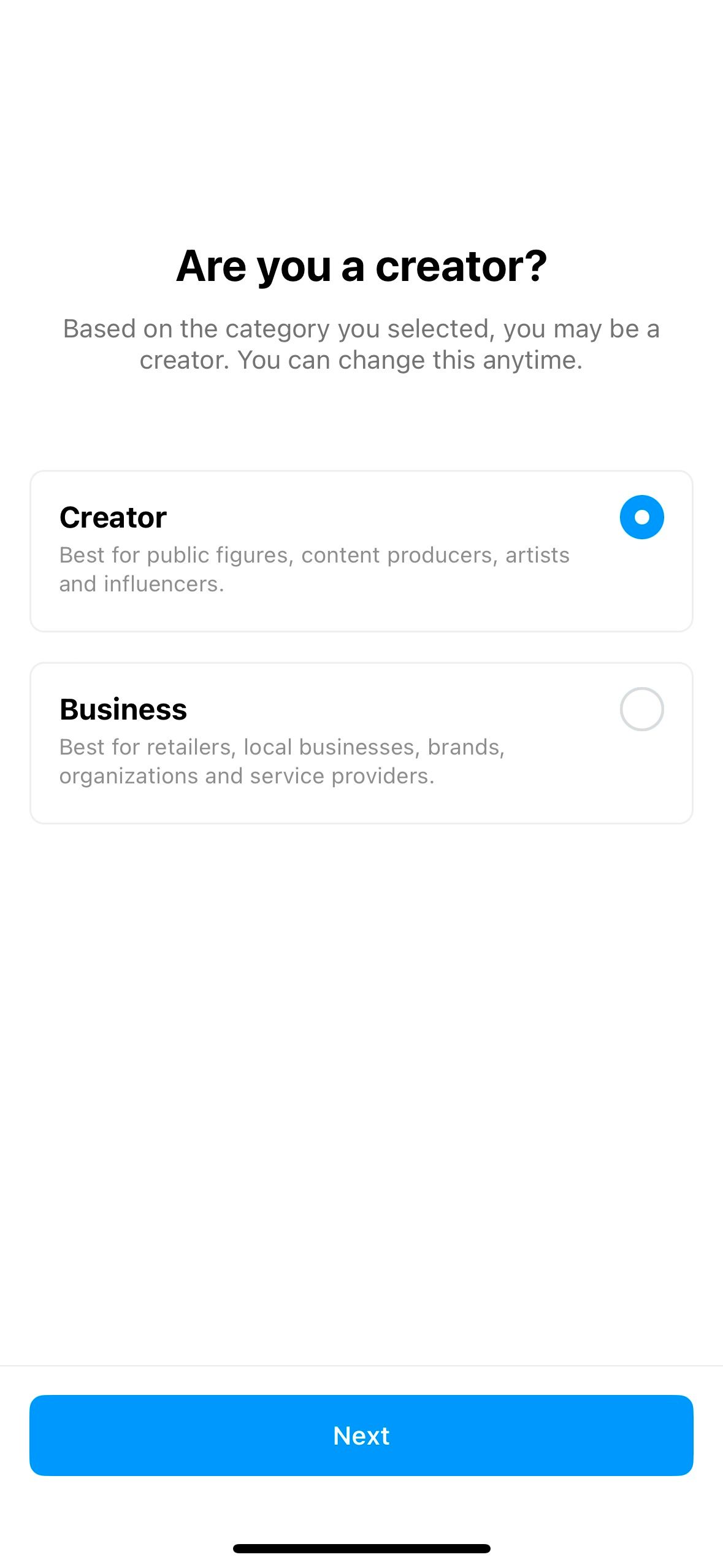 Выбор между типом «Создатель» и «Бизнес»
