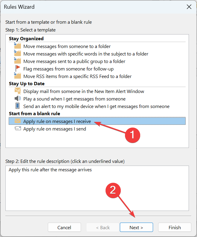 применить правило при получении сообщения