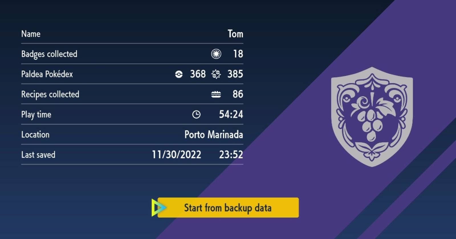 Скриншот режима восстановления в Pokémon Scarlet и Violet с выделенной опцией «Start from backup data»