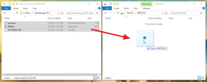 Копирование распакованных файлов BIOS на USB-накопитель