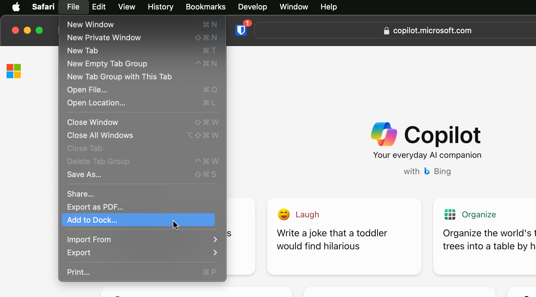 Выберите Добавить в Dock, чтобы сохранить Copilot как веб‑приложение в Dock на Mac.