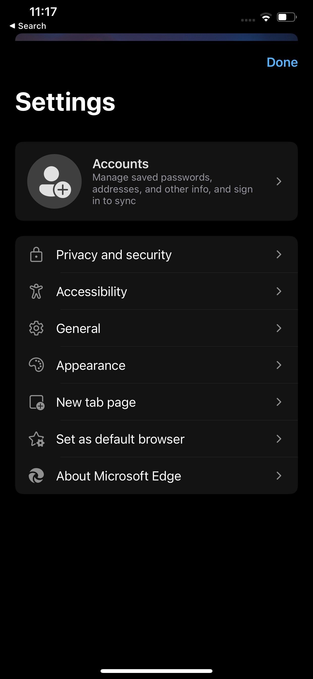 Переход в раздел Конфиденциальность и безопасность в Microsoft Edge на iOS