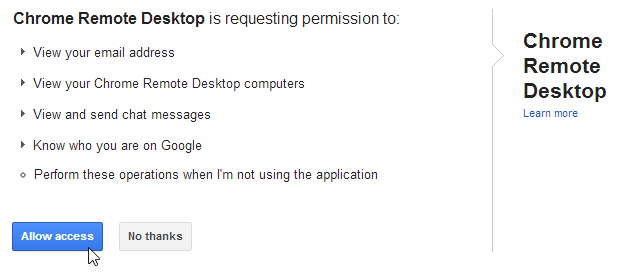 Окно разрешений доступа Chrome Remote Desktop при первом запуске