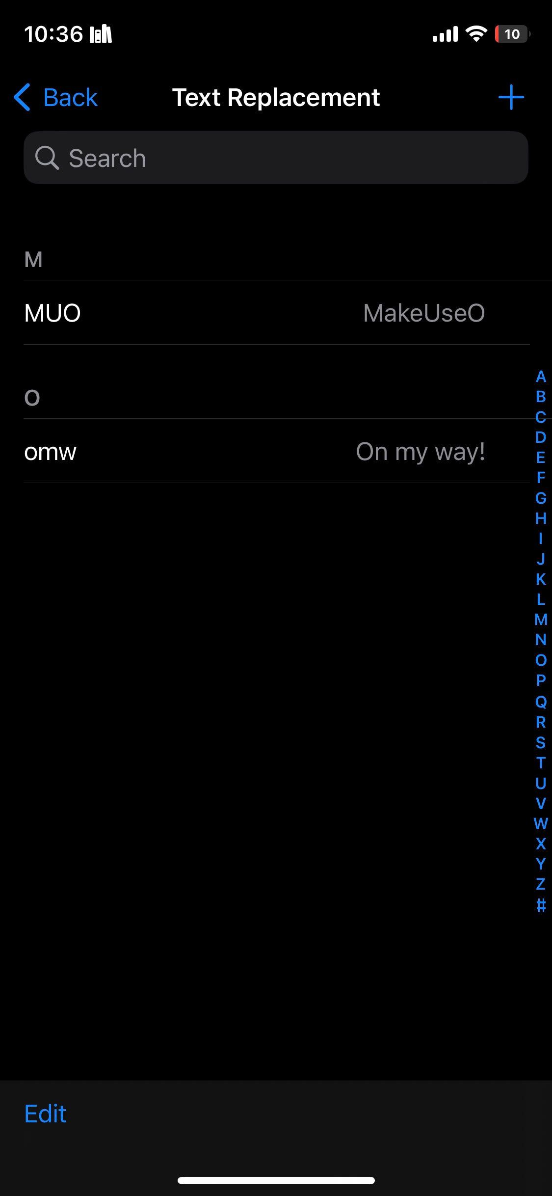 Список всех созданных замен текста