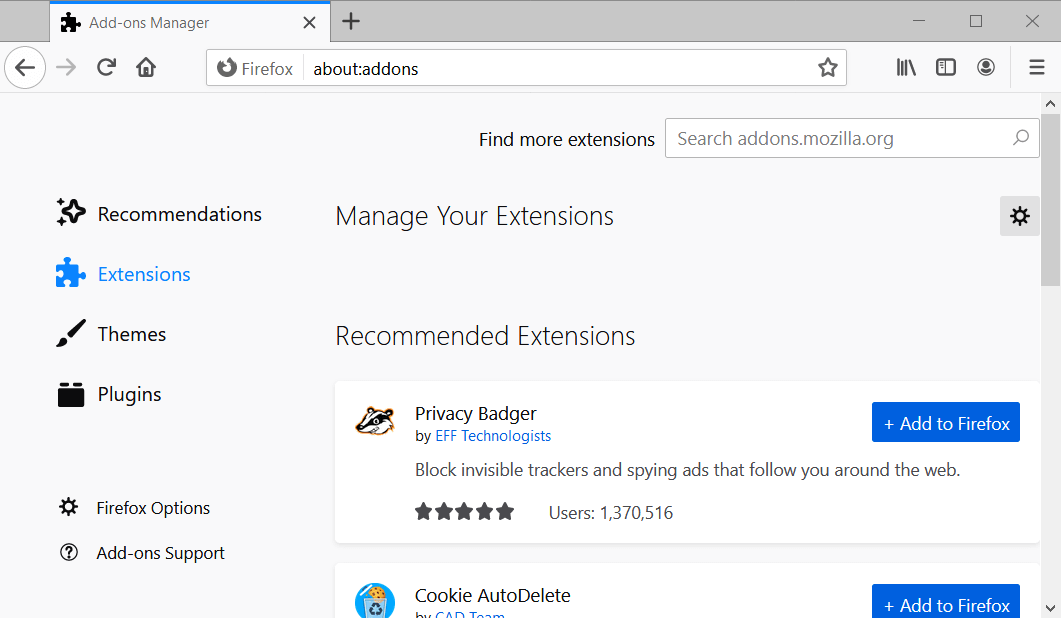 Диспетчер дополнений Firefox с выделенными расширениями при M7353-5101