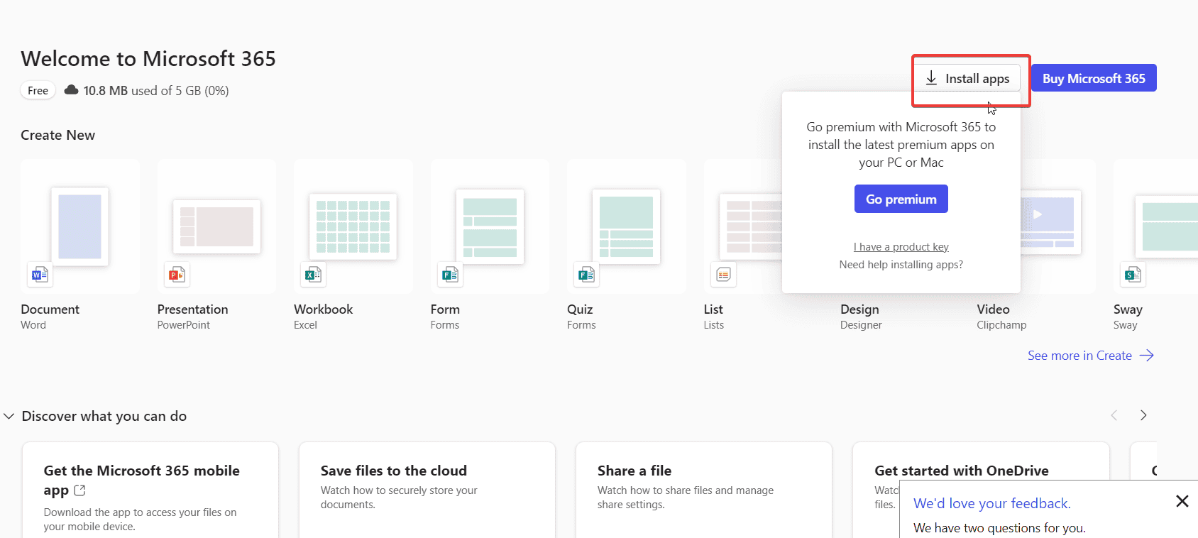 скриншот кнопки Установить приложения на сайте Office