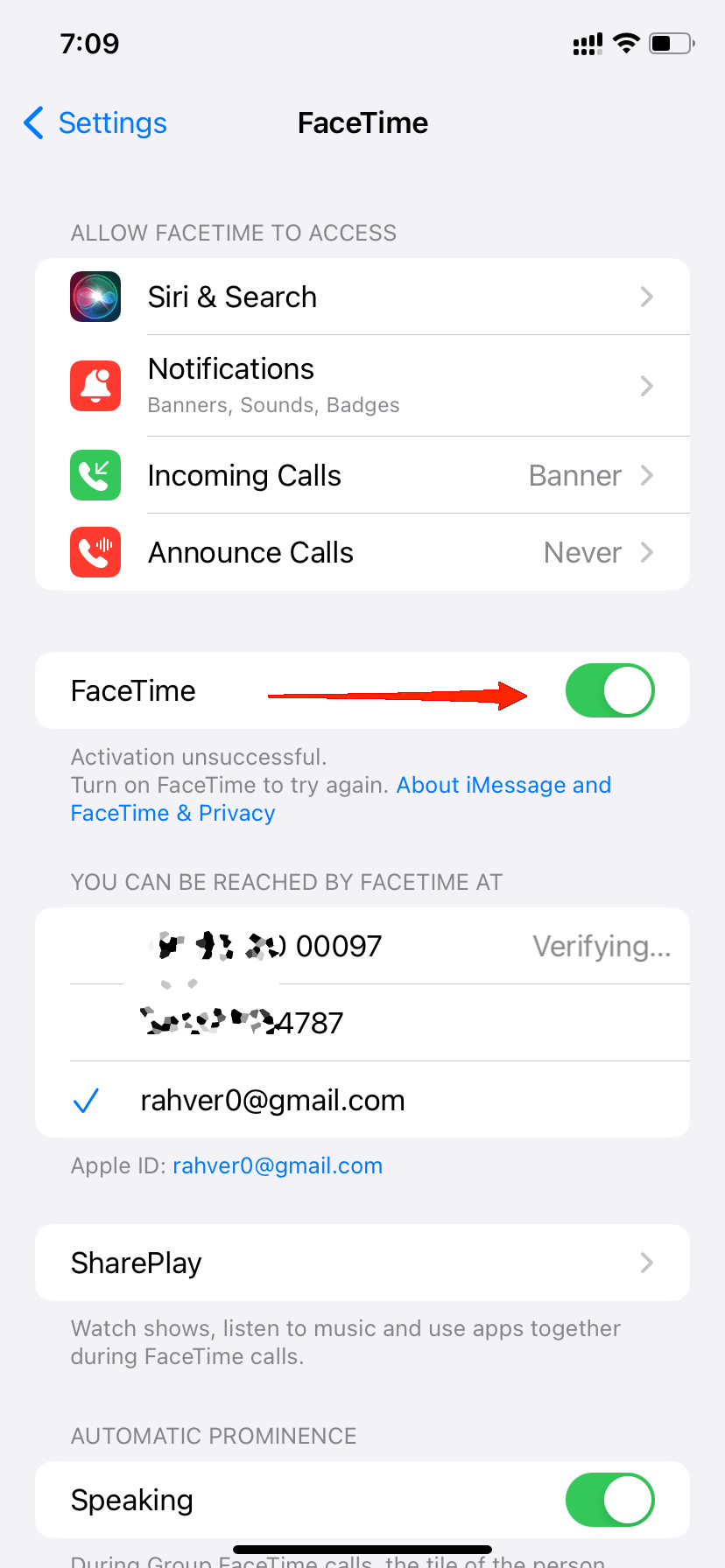 Отключите переключатель FaceTime, затем снова включите его