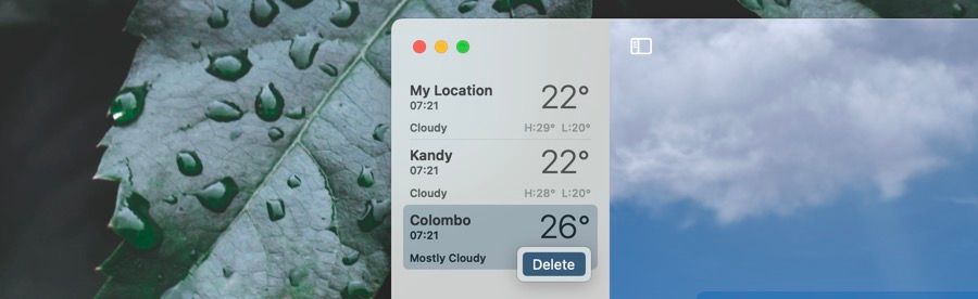 Удаление местоположения в приложении Погода для macOS Ventura.