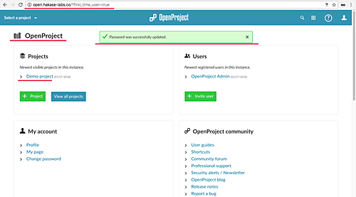 Дашборд OpenProject после входа администратора