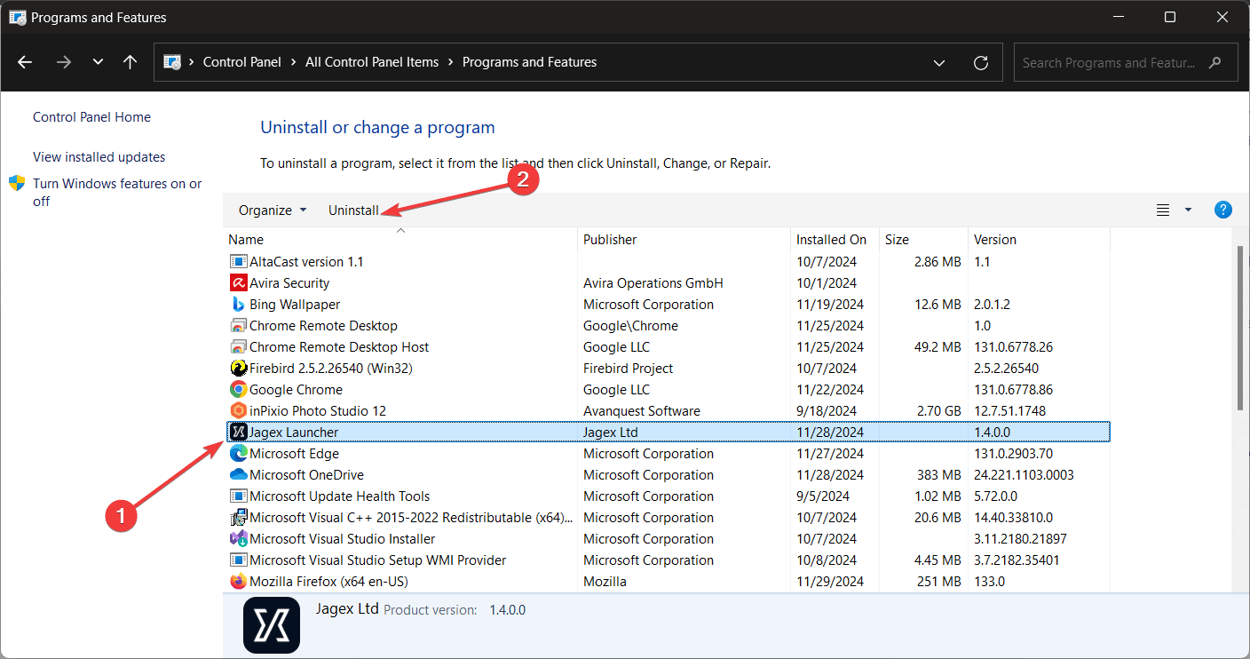 Finestra Programmi e funzionalità con Jagex Launcher selezionato