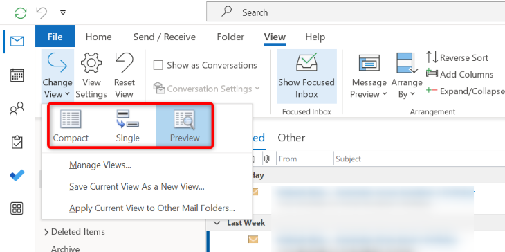 Выберите стиль интерфейса в Outlook: Компактный, Одинарный или Предпросмотр.