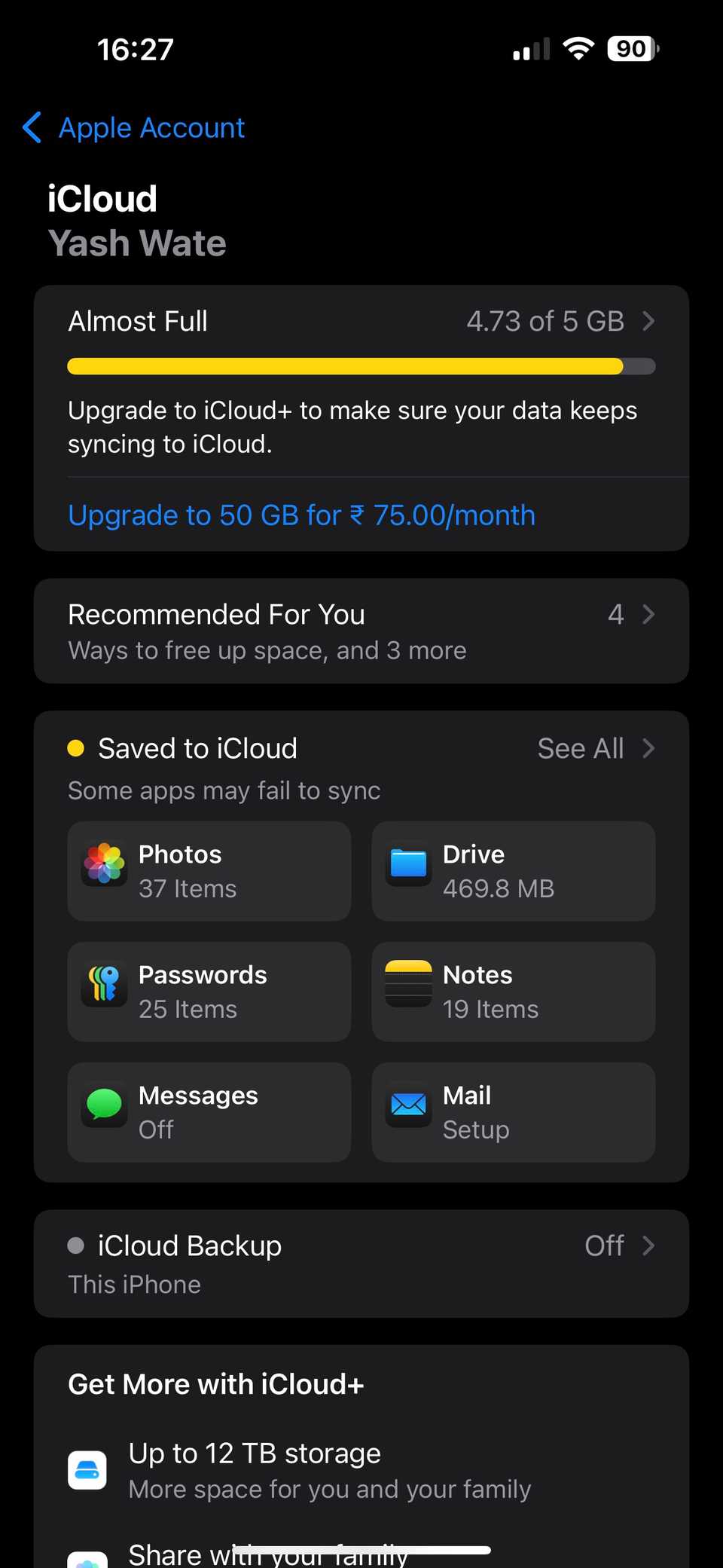 iCloud options in iPhone Settings app.