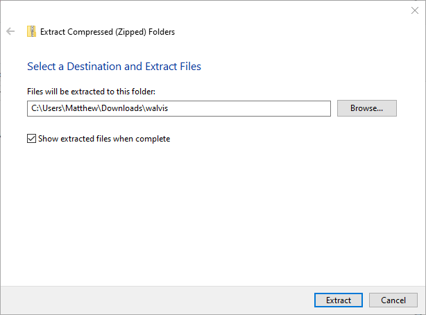 Окно извлечения архива для получения WAV‑файла напоминания Outlook