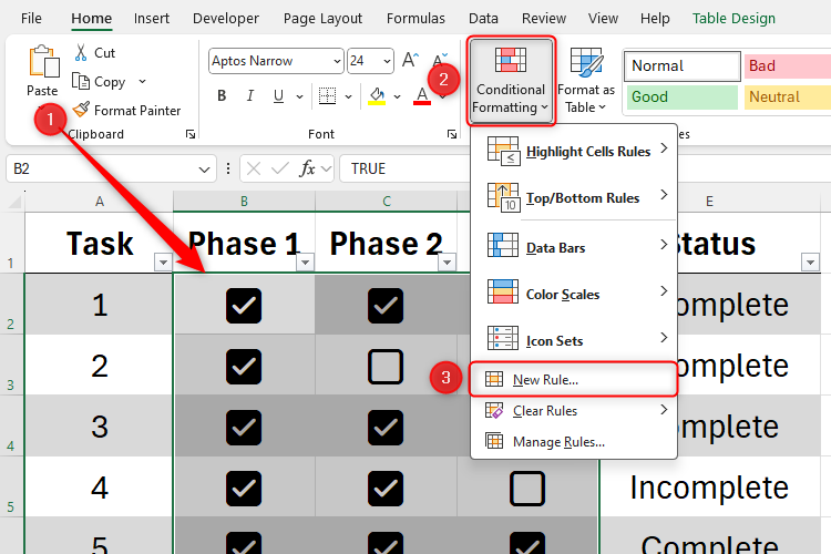 Таблица Excel с ячейками флажков и открытым меню Условное форматирование, выбран пункт Создать правило.