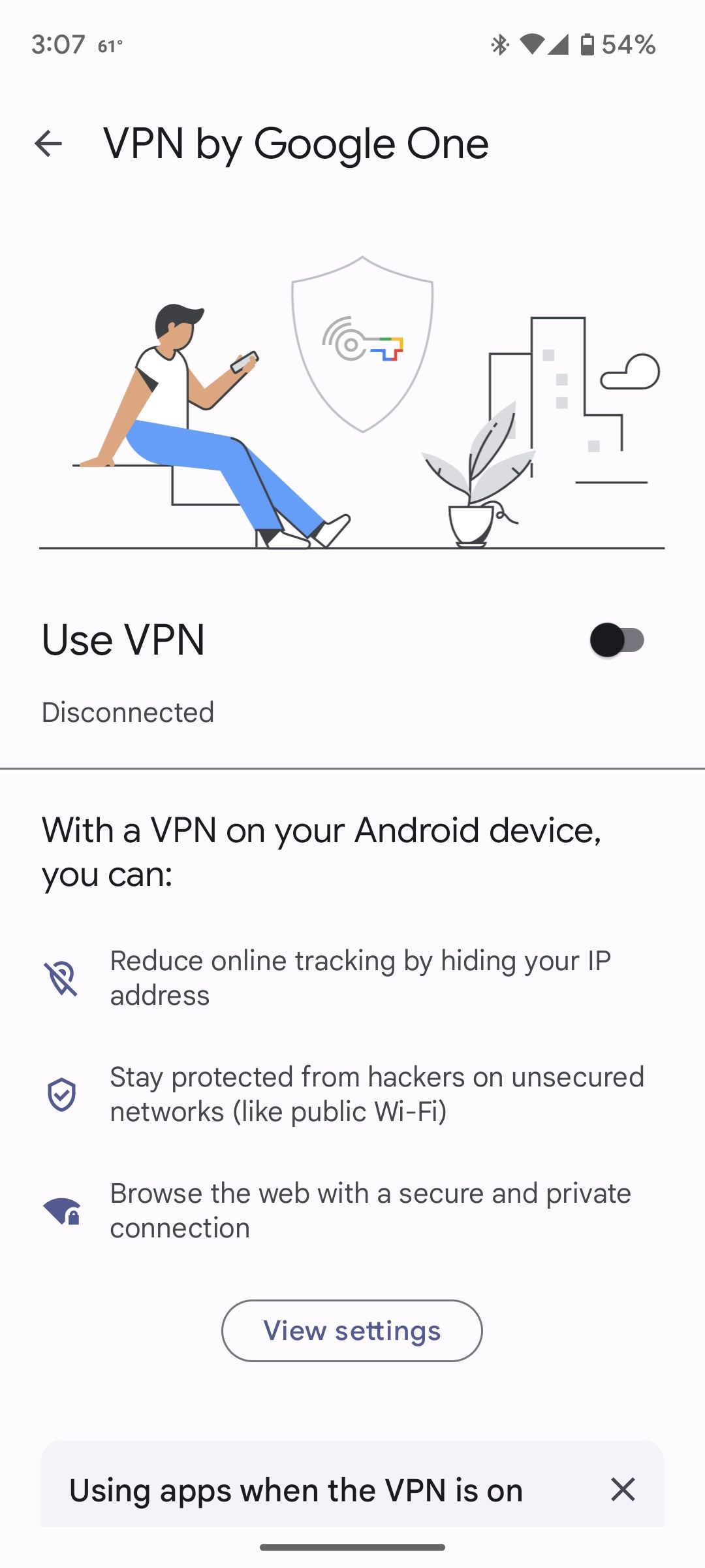 Экран управления VPN в приложении Google One