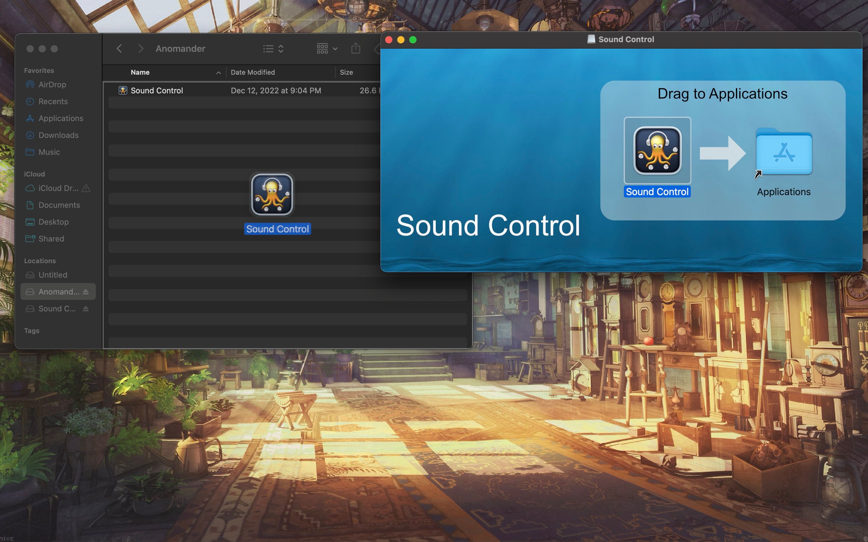 Перетаскивание значка Sound Control в внешний накопитель вместо папки Программы