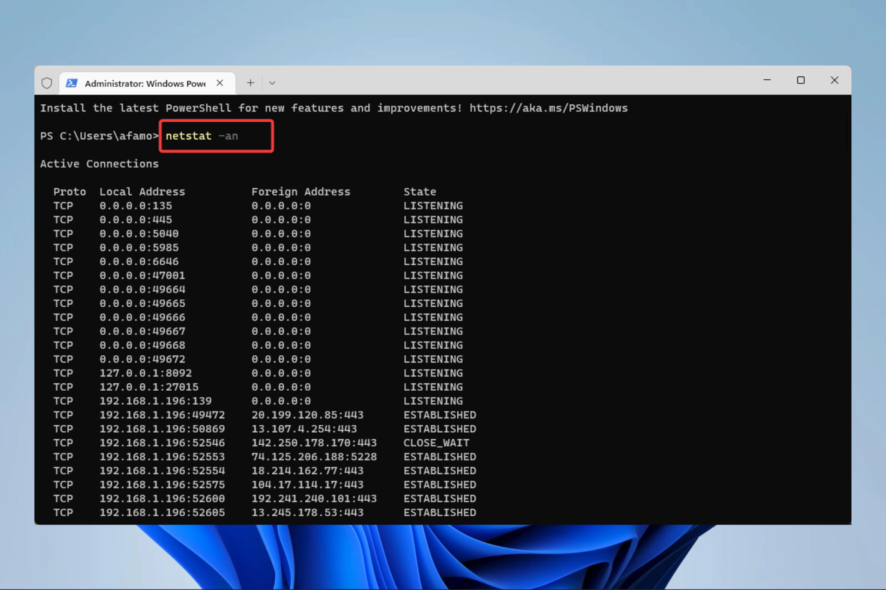 Windows netstat: прослушиваемые порты