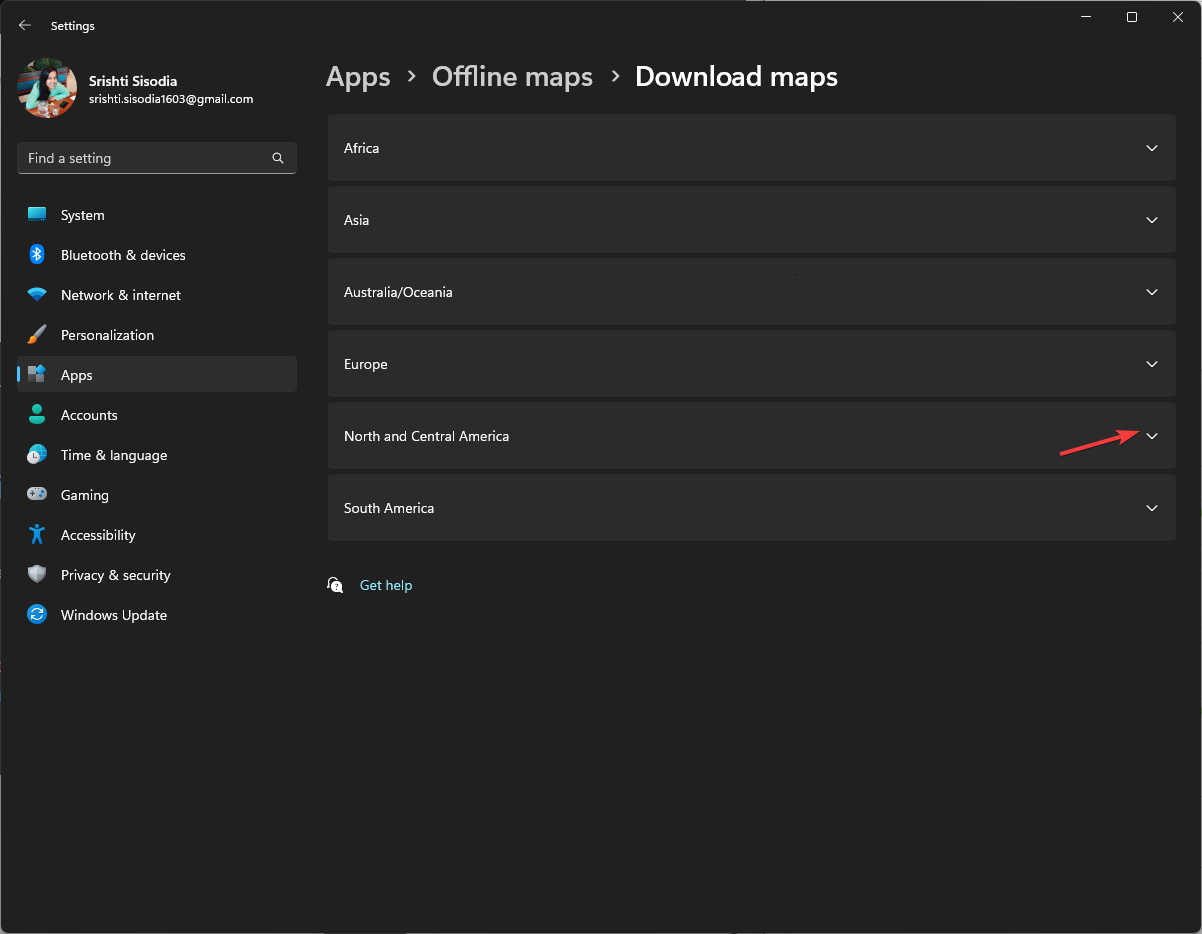 Выбор континента для загрузки офлайн‑карт