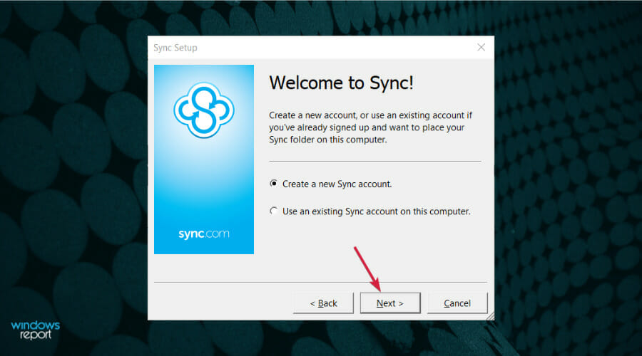 Форма заполнения данных аккаунта Sync